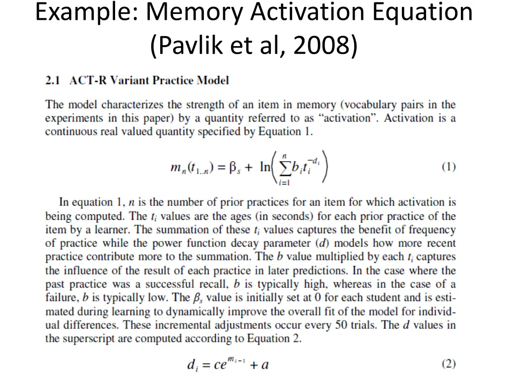 example memory activation equation pavlik