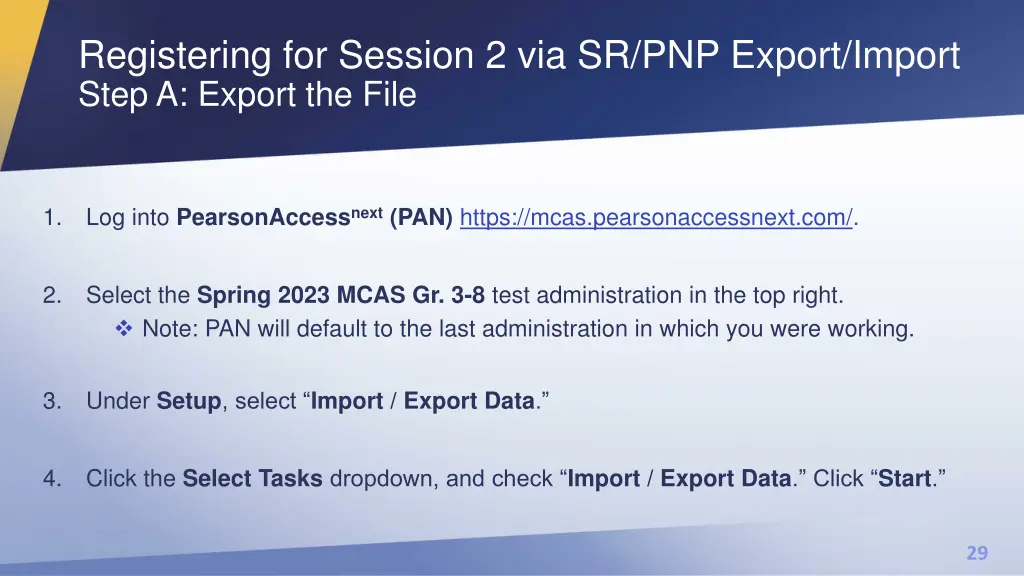 registering for session 2 via sr pnp export