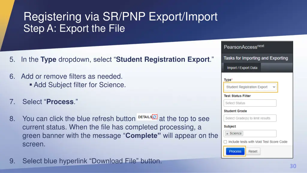 registering via sr pnp export import step