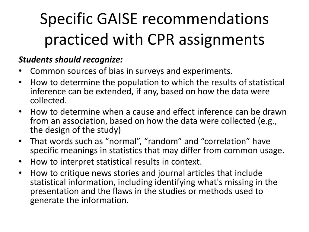 specific gaise recommendations practiced with