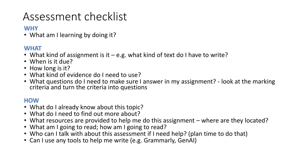 assessment checklist why what am i learning