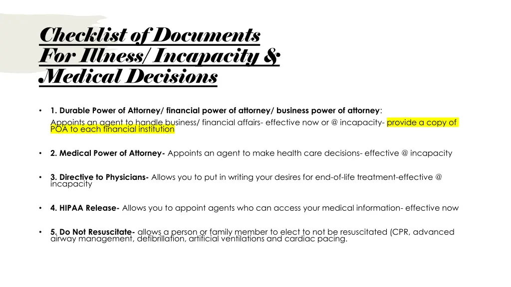 checklist of documents for illness incapacity