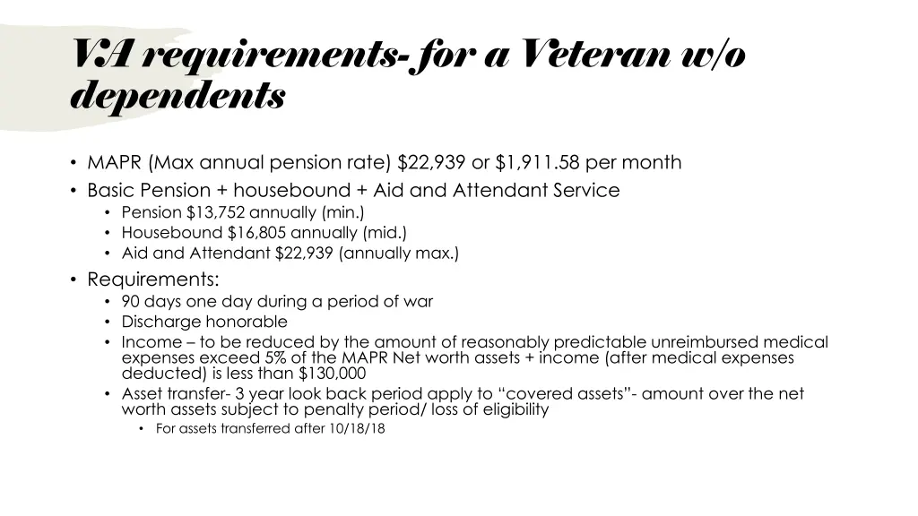 v a requirements for a veteran w o dependents