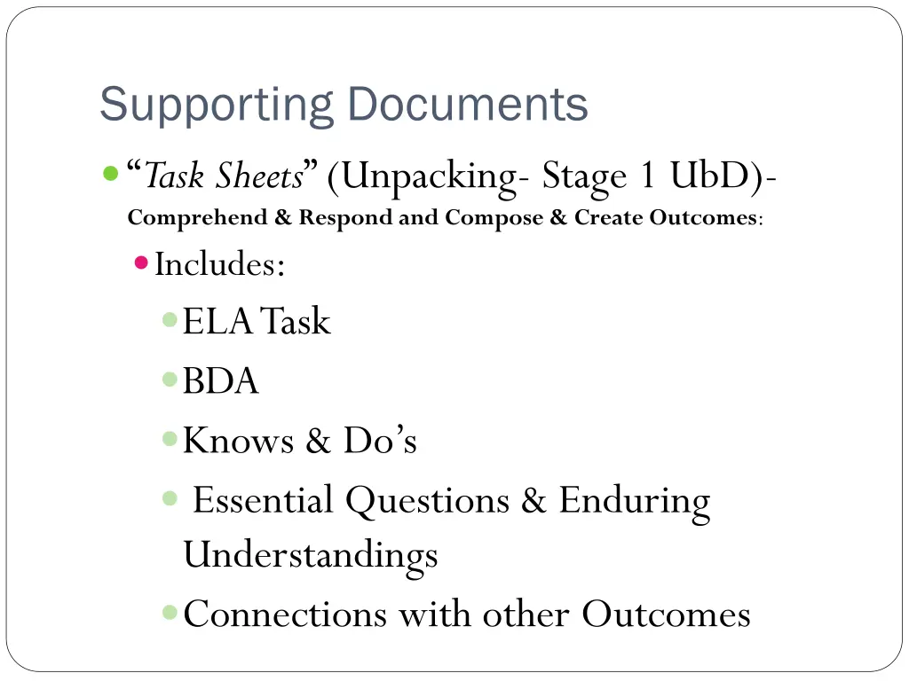 supporting documents task sheets unpacking stage