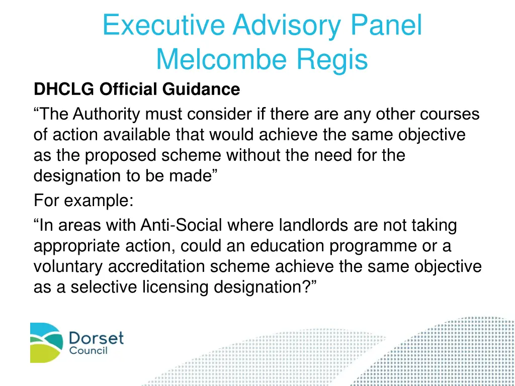 executive advisory panel melcombe regis dhclg