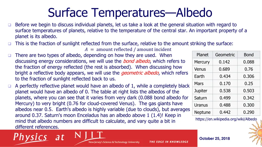 surface temperatures albedo