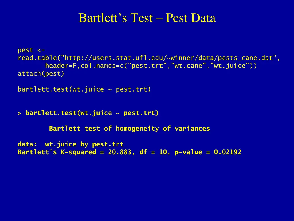 bartlett s test pest data