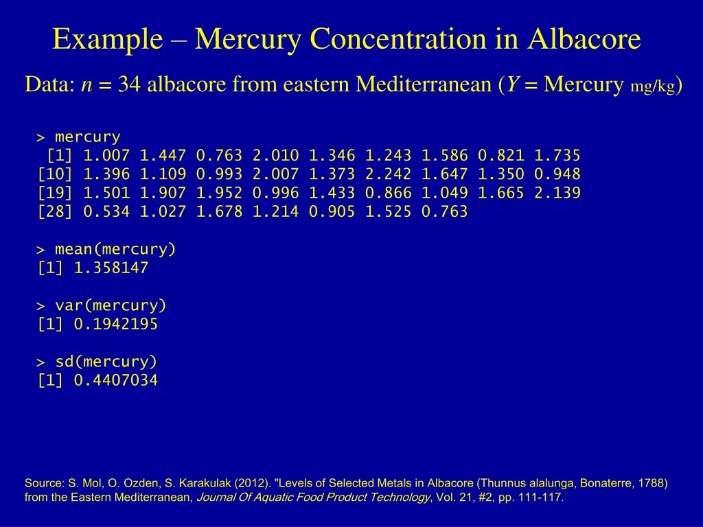 example mercury concentration in albacore