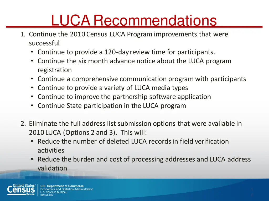 lucarecommendations 1 continue the 2010census