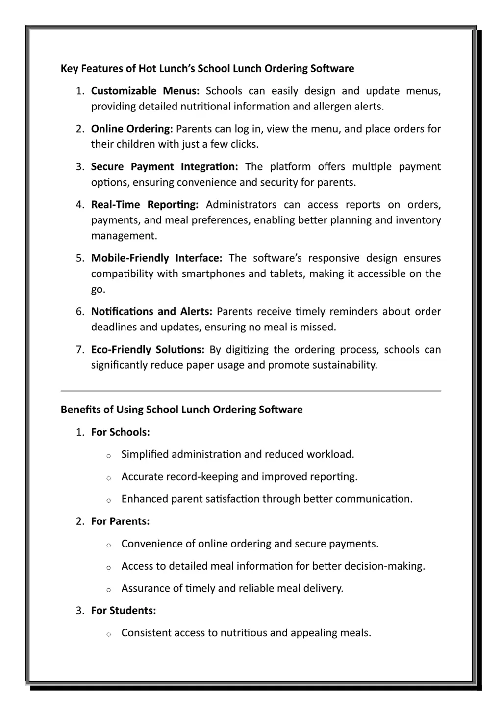 key features of hot lunch s school lunch ordering