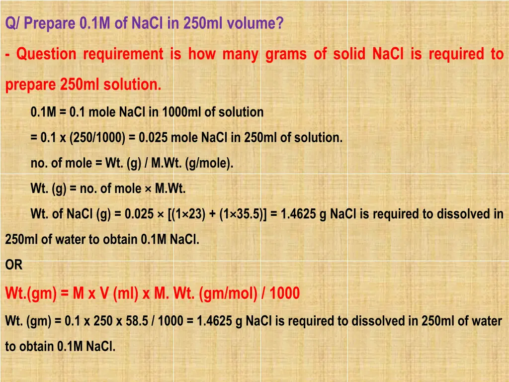 q prepare 0 1m of nacl in 250ml volume