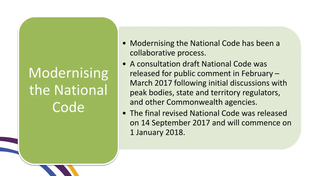 modernising the national code has been