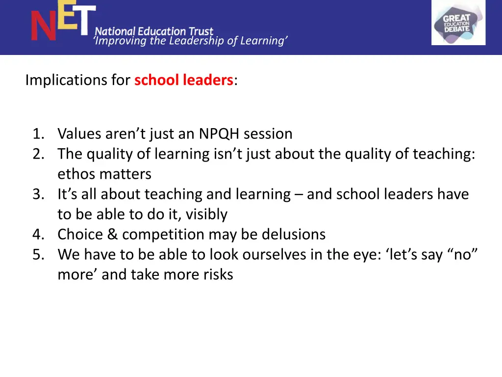 improving the leadership of learning 26