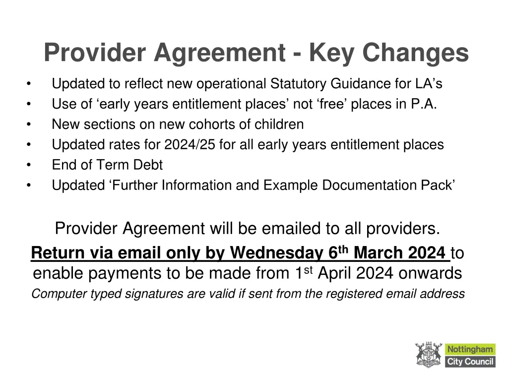 provider agreement key changes