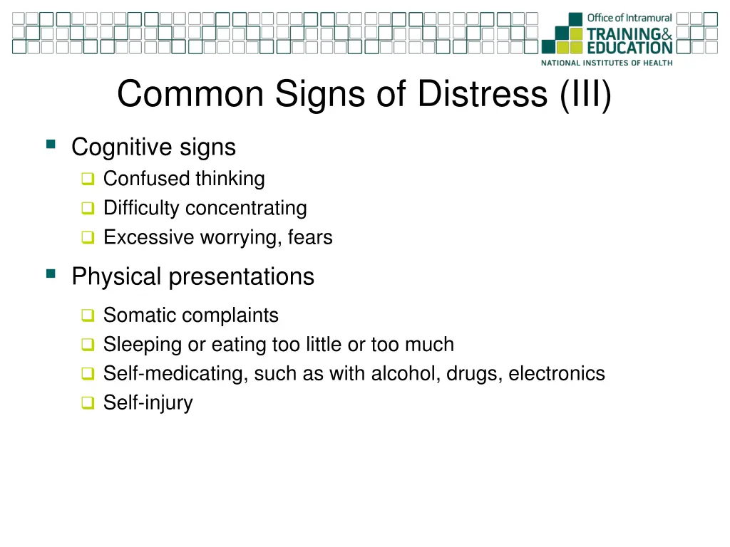 common signs of distress iii cognitive signs