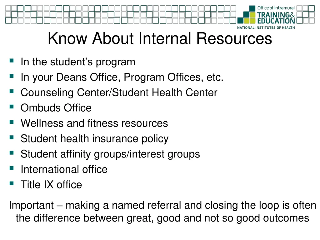 know about internal resources in the student