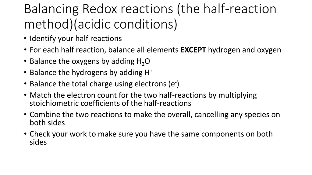 balancing redox reactions the half reaction