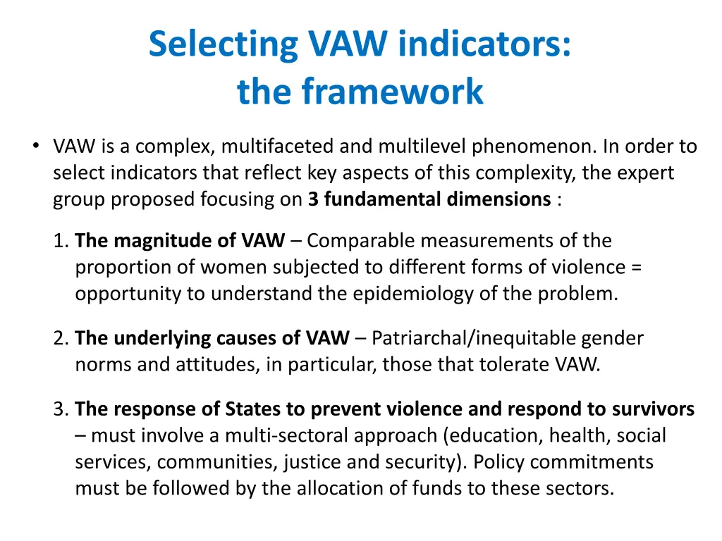 selecting vaw indicators the framework