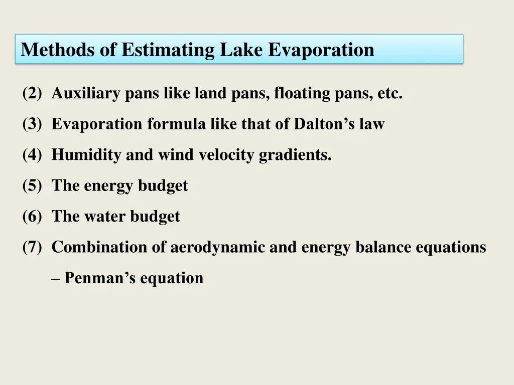 methods of estimating lake evaporation