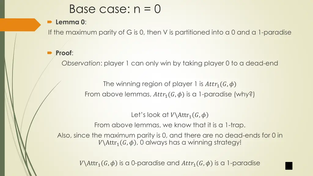 base case n 0 lemma 0 if the maximum parity