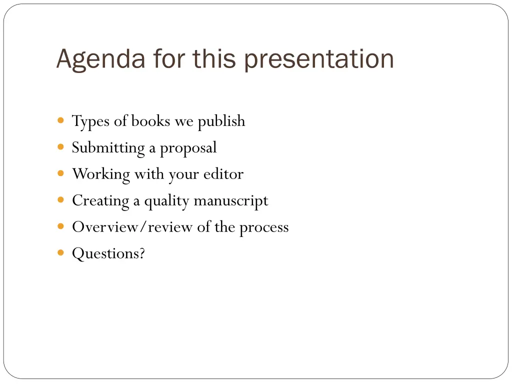 agenda for this presentation