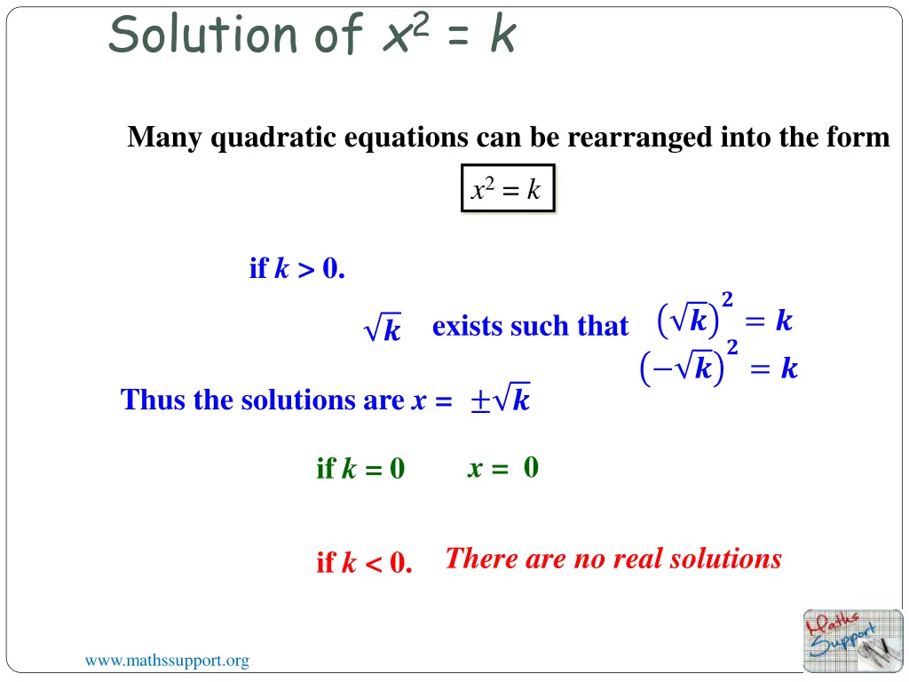 solution of x 2 k