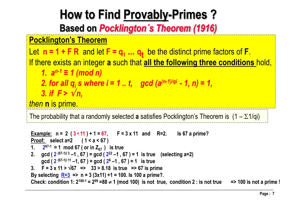 how to find provably primes based on pocklington