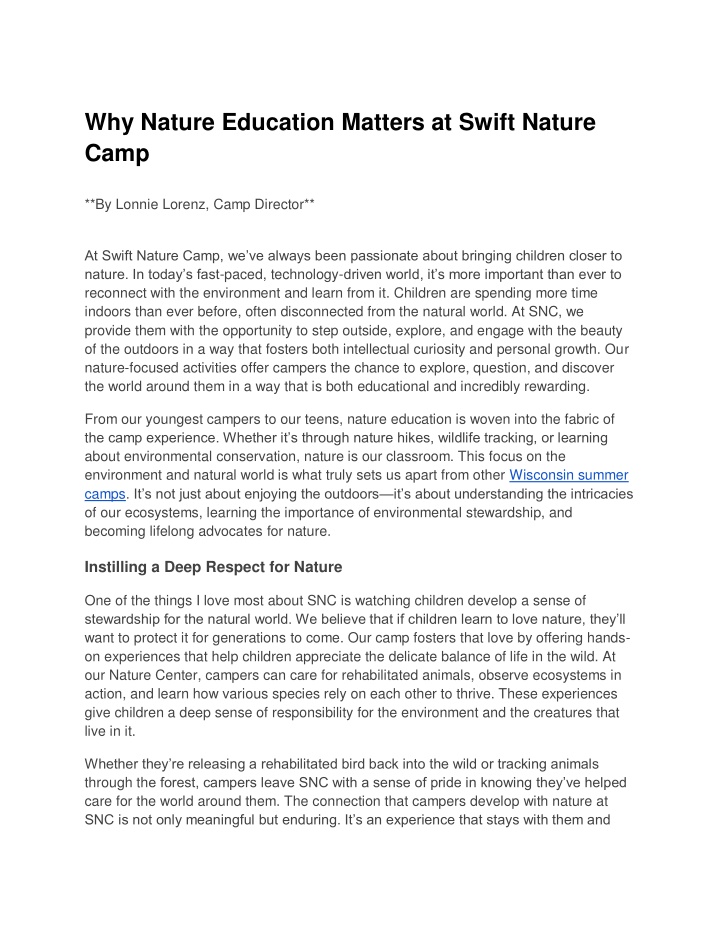 why nature education matters at swift nature camp