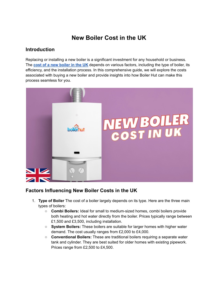 new boiler cost in the uk