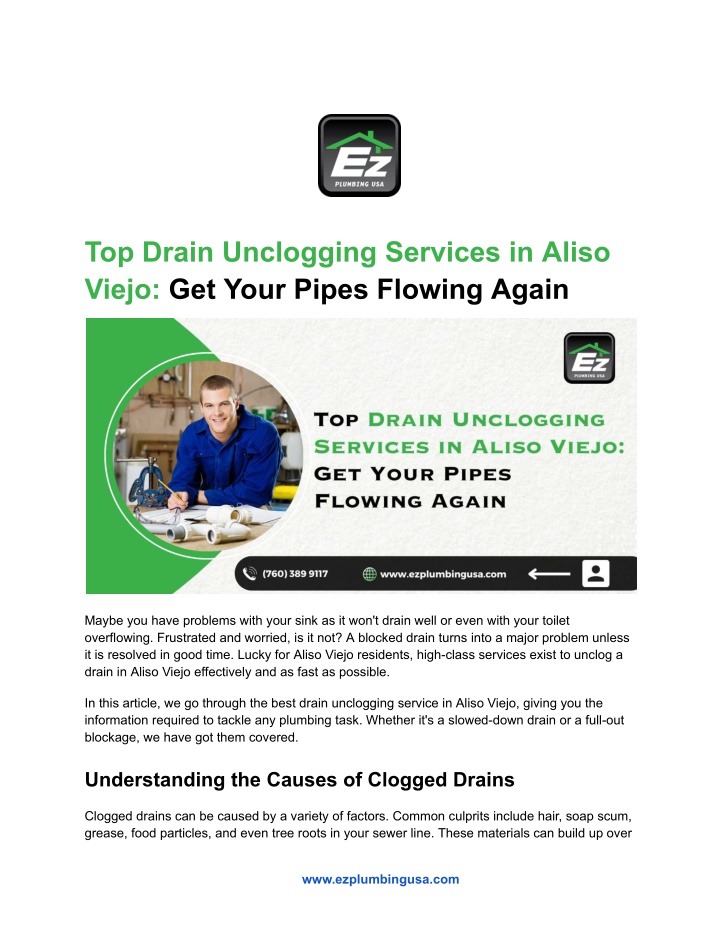 top drain unclogging services in aliso viejo