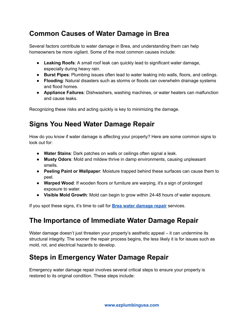 common causes of water damage in brea