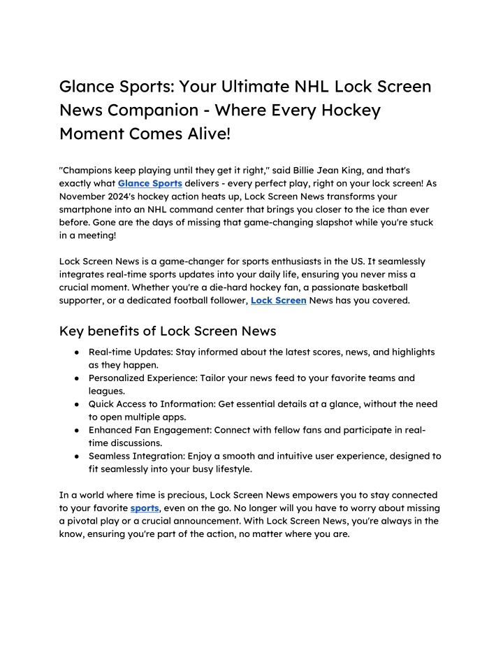 glance sports your ultimate nhl lock screen news