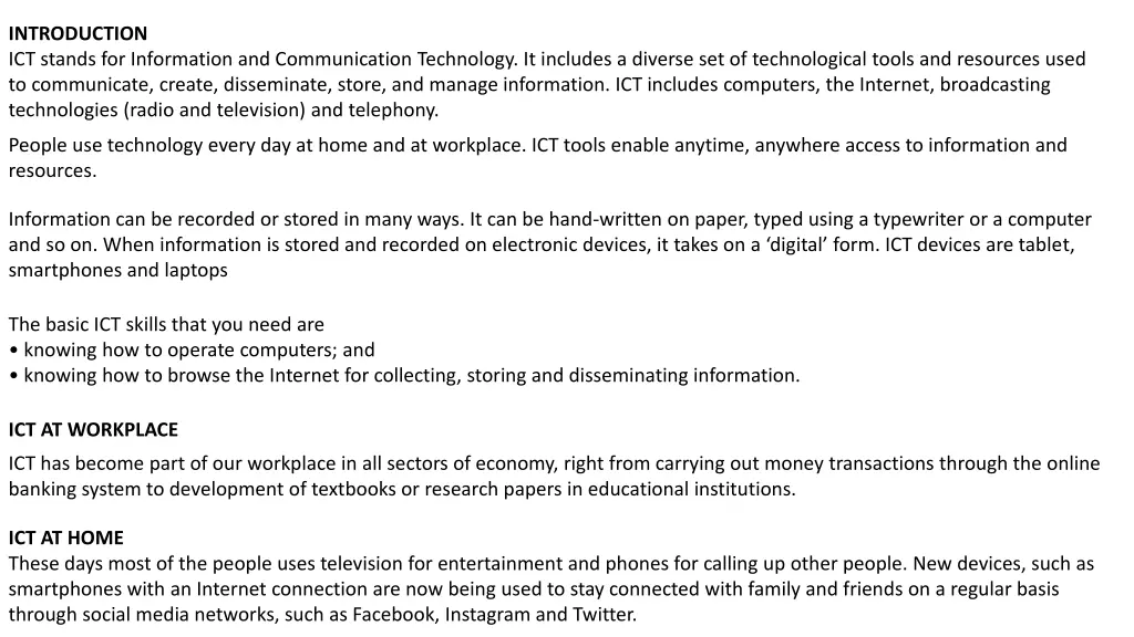 introduction ict stands for information