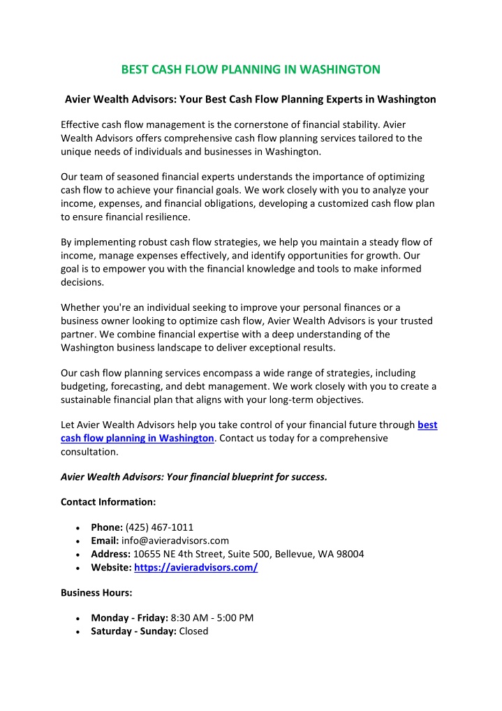 best cash flow planning in washington