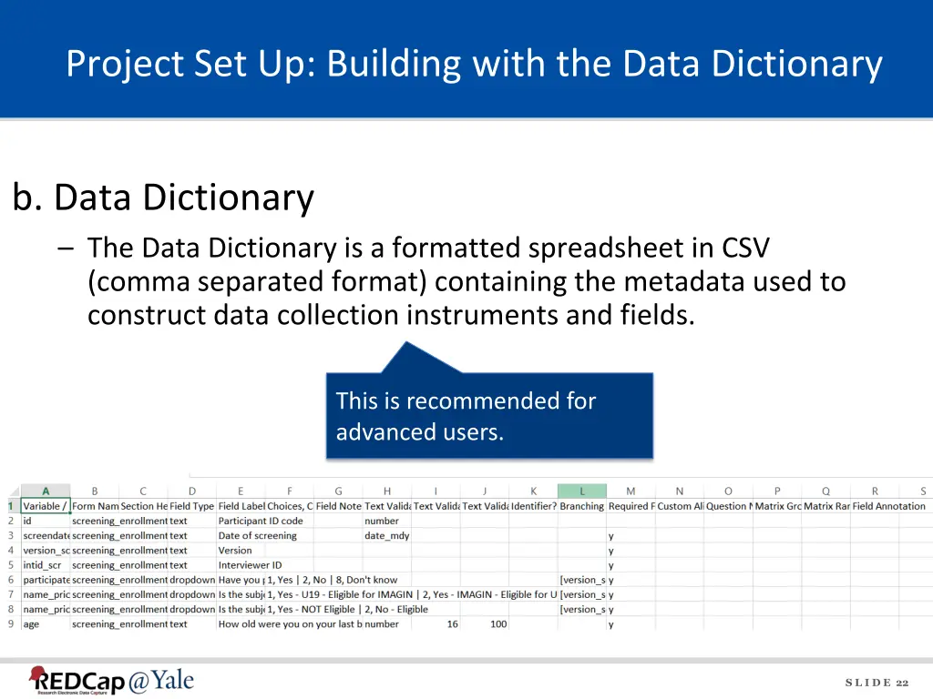 project set up building with the data dictionary