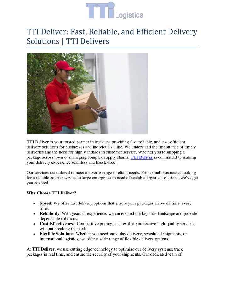 tti deliver fast reliable and efficient delivery