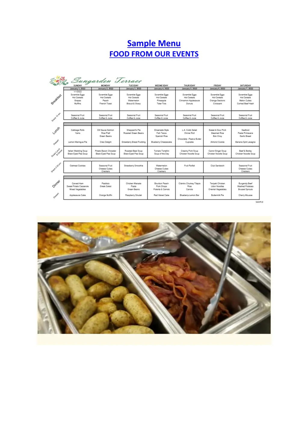 sample menu food from our events