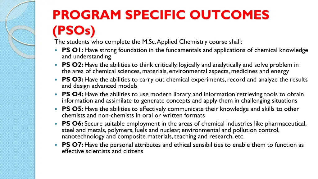 program specific outcomes psos the students