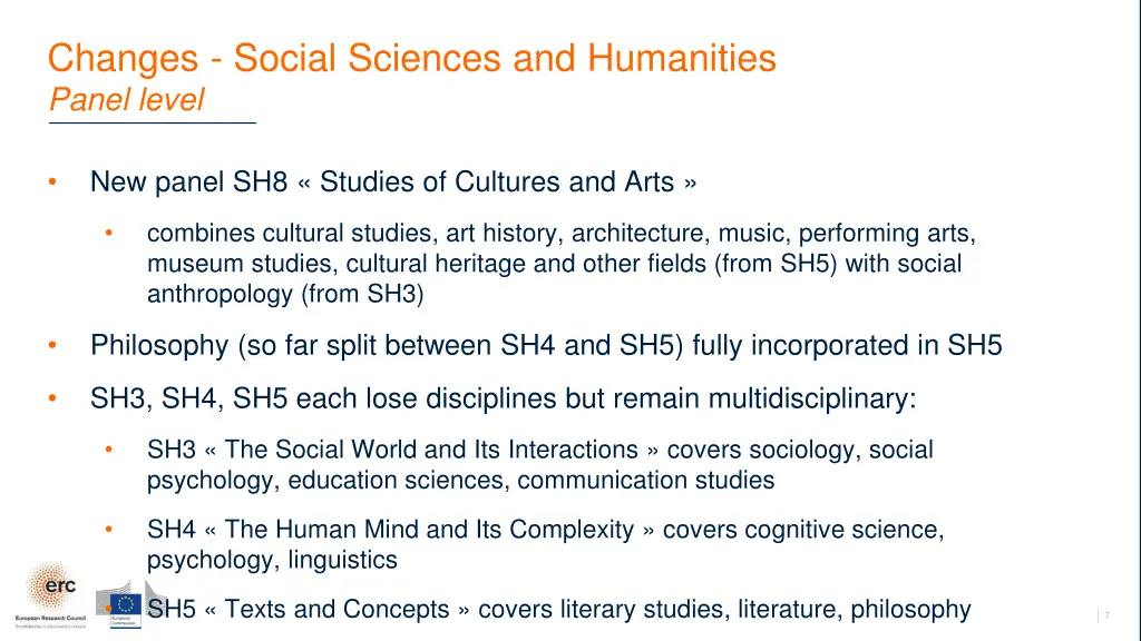 changes social sciences and humanities panel level