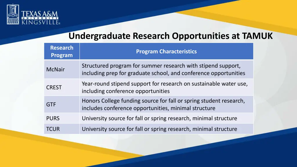 undergraduate research opportunities at tamuk