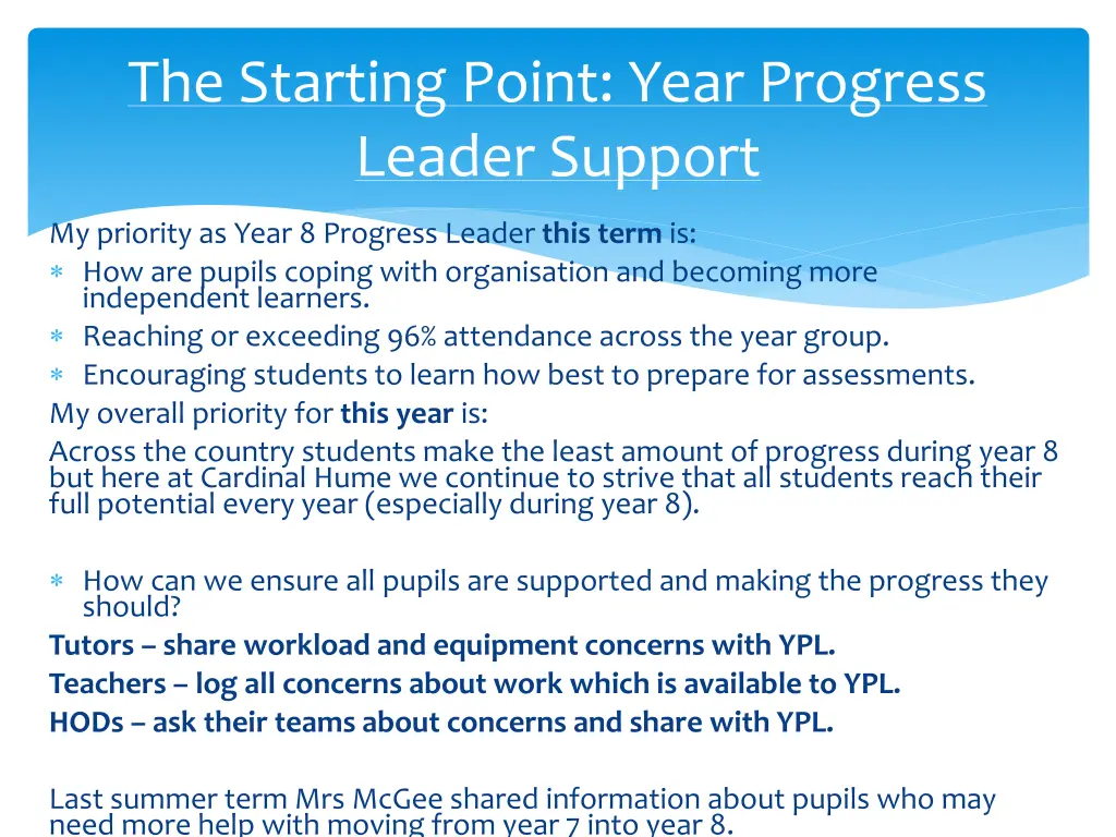 the starting point year progress leader support