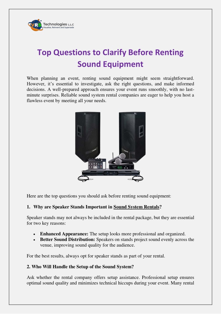 top questions to clarify before renting sound