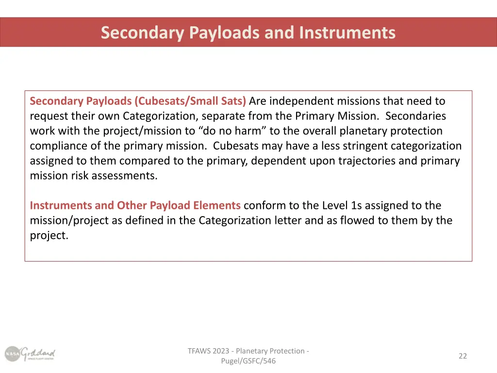 secondary payloads and instruments