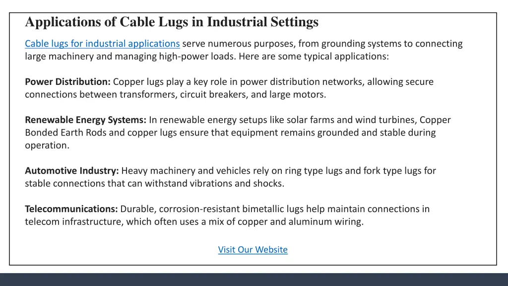 applications of cable lugs in industrial settings