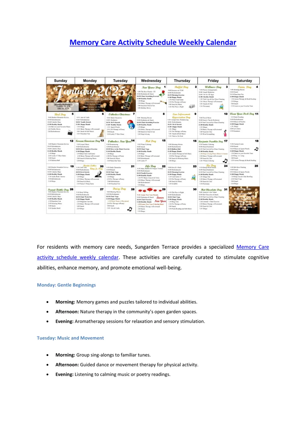 memory care activity schedule weekly calendar