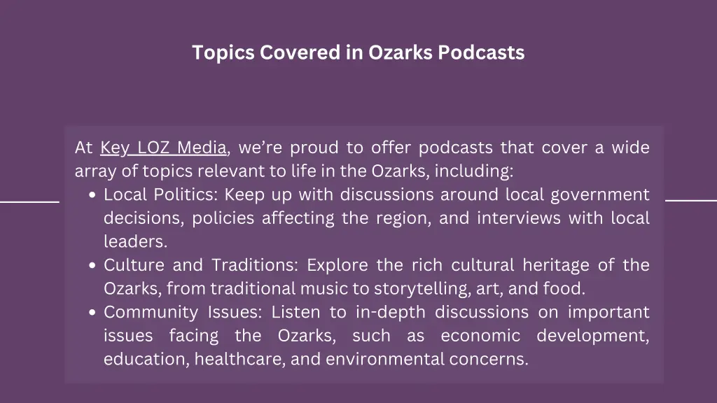 topics covered in ozarks podcasts