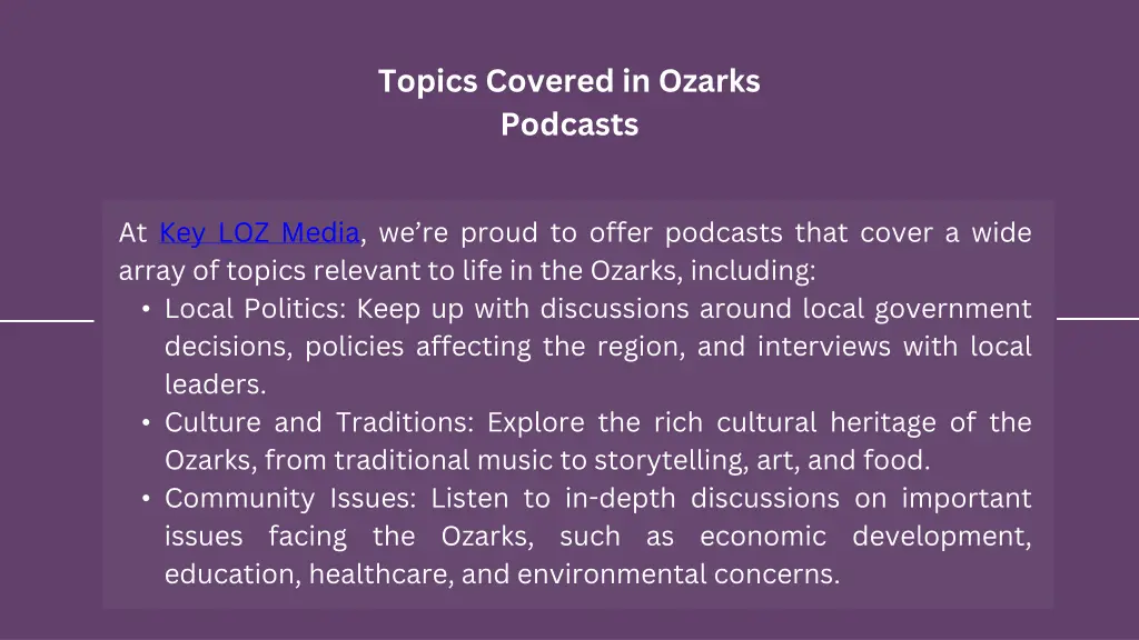 topics covered in ozarks podcasts