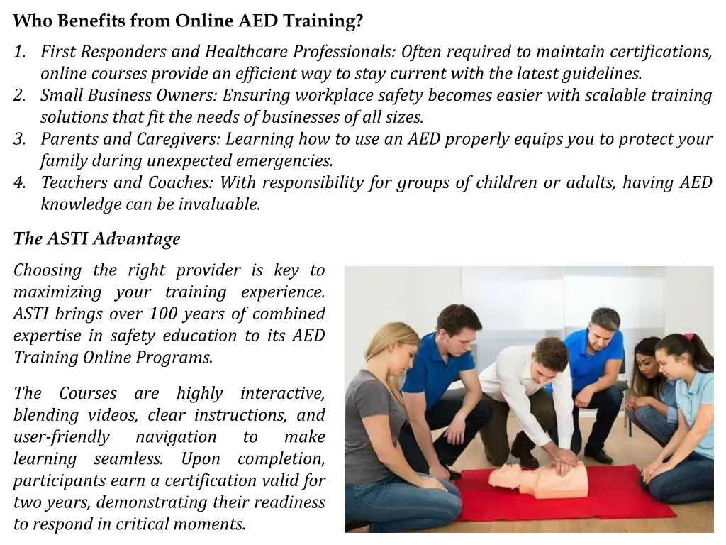 who benefits from online aed training 1 first