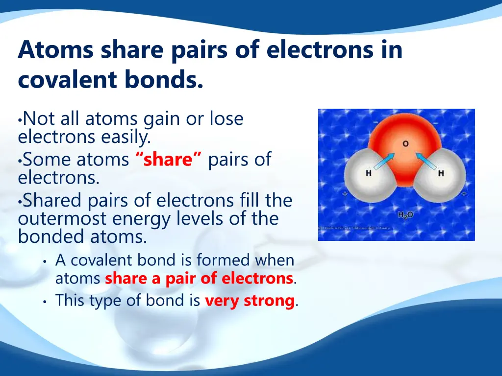 atoms share pairs of electrons in covalent bonds