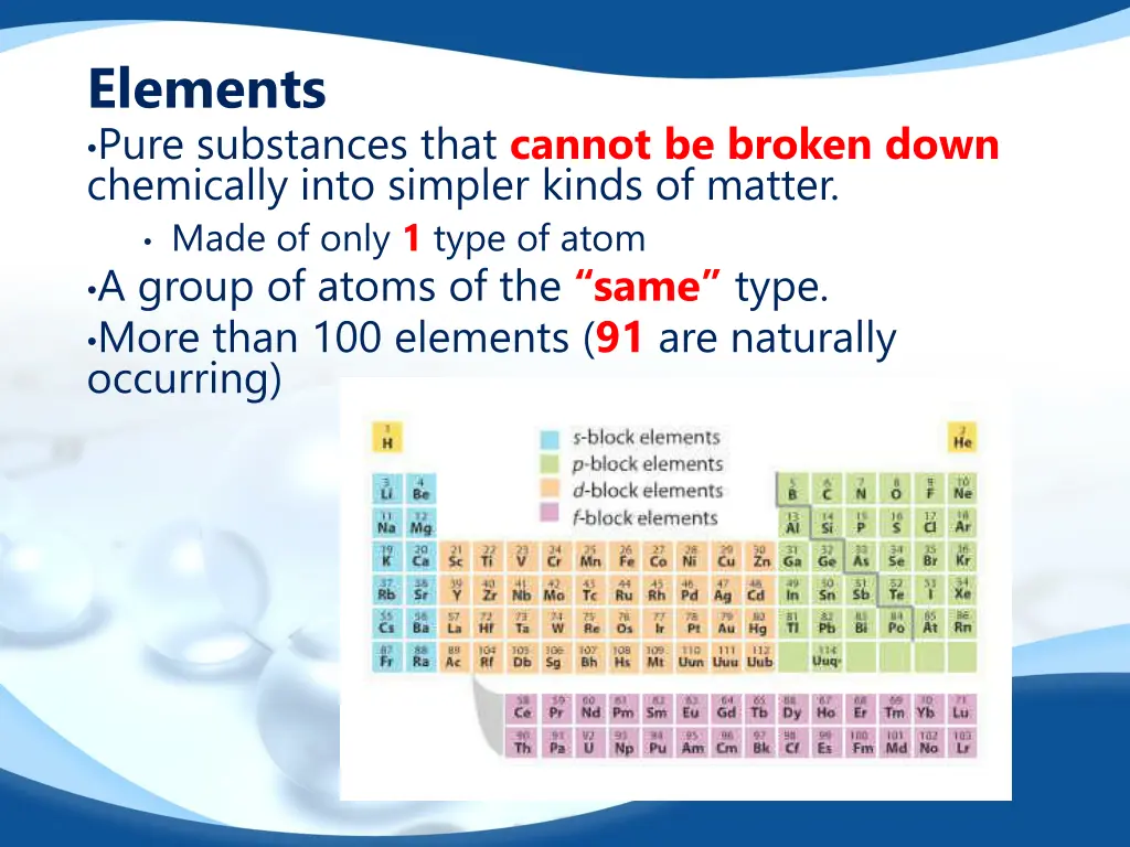 elements pure substances that cannot be broken